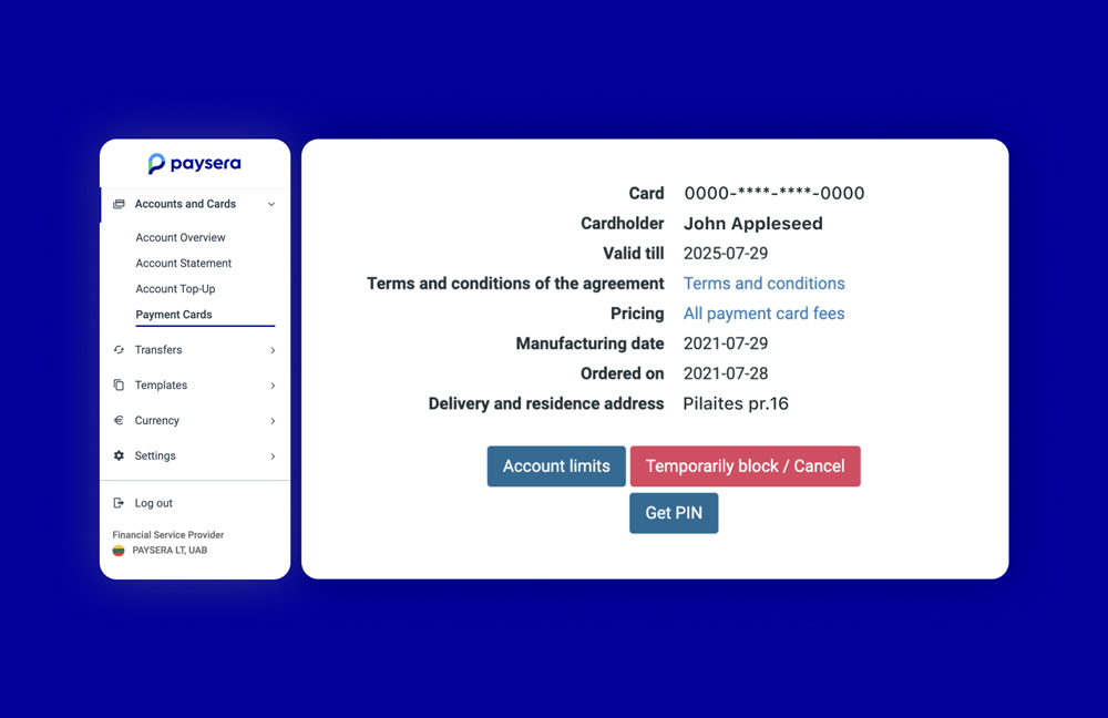 You can block your Visa card via Paysera online banking