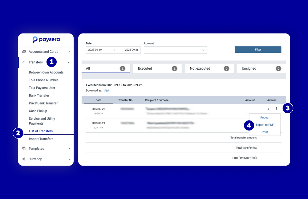 How to download a transaction statement via Paysera online banking.