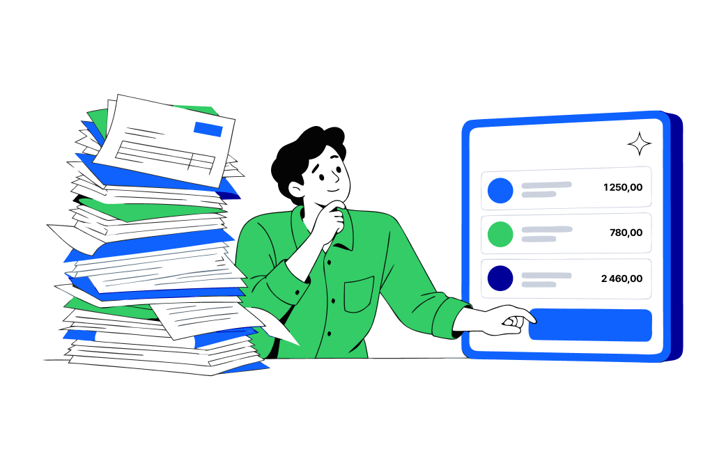 Accountant reviewing AI-prepared payments beside a stack of supplier invoices.