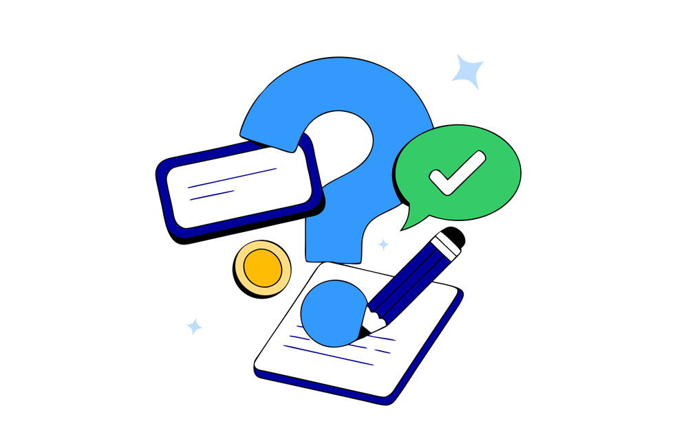 Abstract illustration with a question mark, chat bubbles, pencil and document — frequently asked questions