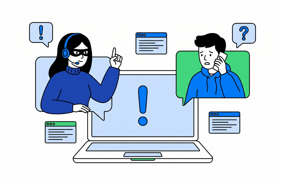 Illustration of a customer support agent helping a customer resolve an issue through online communication.